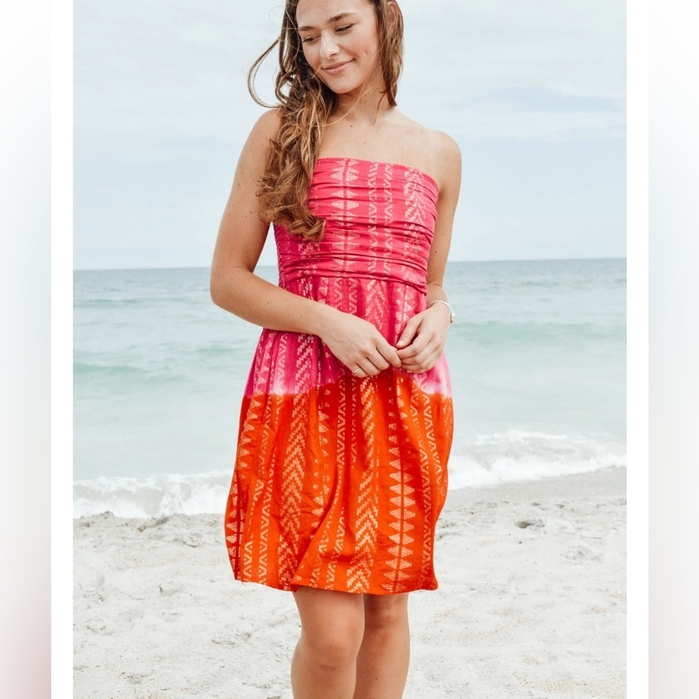 LA PLAGE NEW! Ruched Strapless Dress Ombre Sunset Tribal Gold Lurex